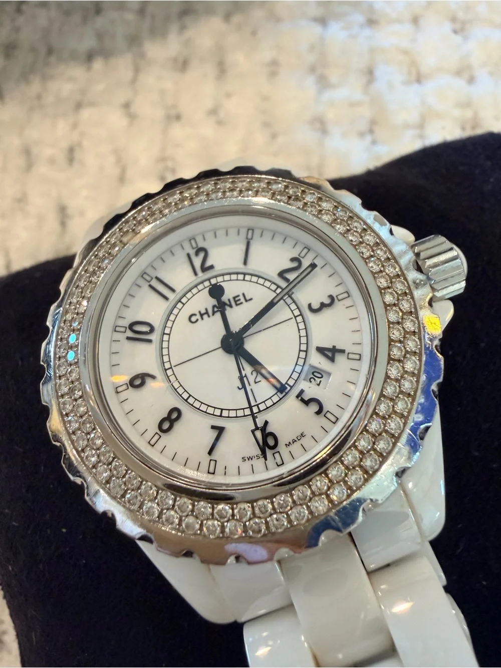CHANEL White Ceramic Diamond Bezel J12-Style Watch